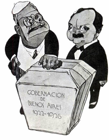 Cantilo y Moreno, candidatos a gobernador de la provincia de Buenos Aires, caricatura de Alvarez. En Caras y Caretas